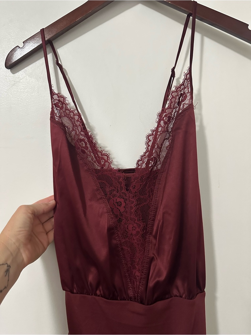Wishlist Burgundy Lace-Trim Satin Bodysuit